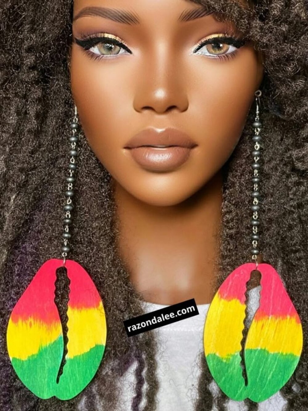 Elongated Dangle Earrings Cowrie Shell Rasta Colors by Razonda Lee